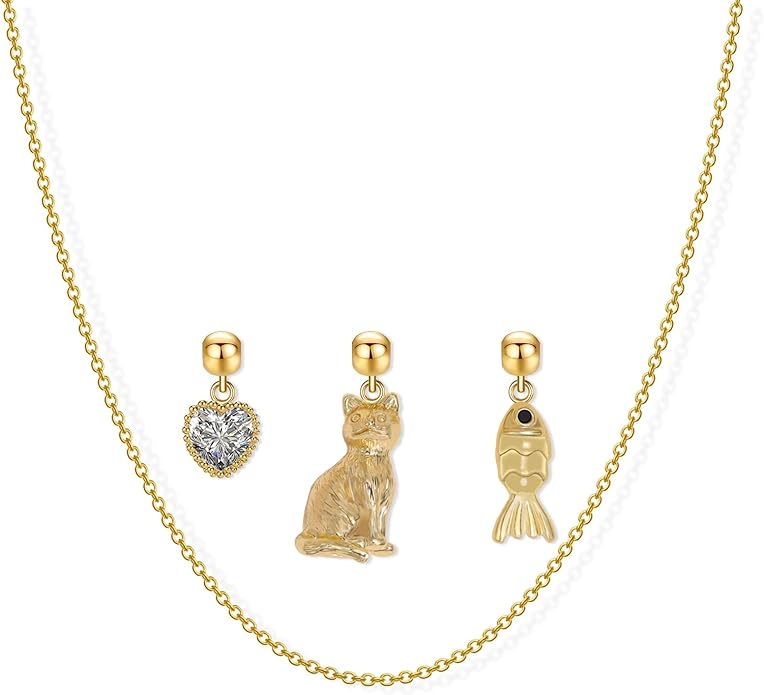 Summer Holiday Necklace,Dainty Chain, Charm Necklace For Women,Cute Cat Charm,Natural Pearls,18k Gold Plated,Choose Your Favorite Charm, Change Easily
