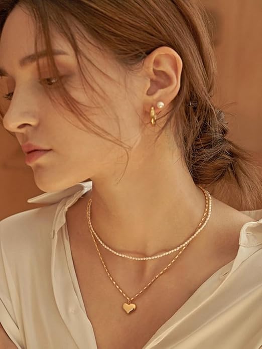 18k Gold Chain Link Necklace for Women, Baroque Pearl/Compass Pendant Necklace