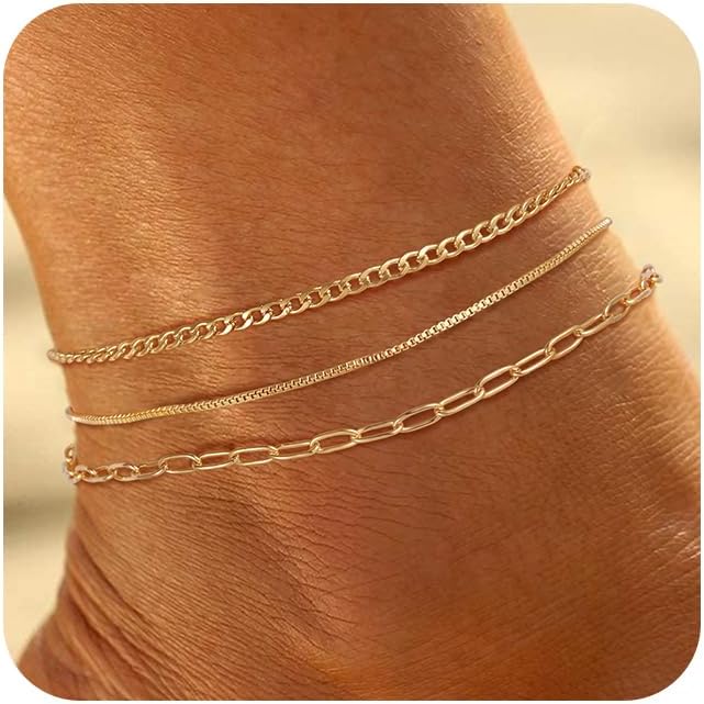 Ritach Ankle Bracelets for Women - Stainless Steel Silver/Gold Anklets for Women Waterproof Layered Cuban Link Figaro Chain Heart Anklets Set Summer Beach Jewelry Gifts