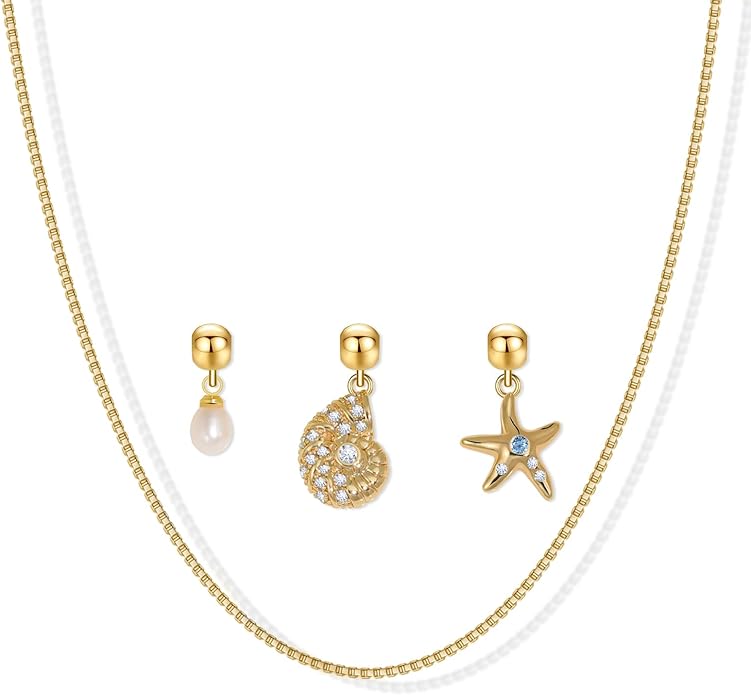 Summer Holiday Necklace,Dainty Chain, Charm Necklace For Women,Cute Cat Charm,Natural Pearls,18k Gold Plated,Choose Your Favorite Charm, Change Easily