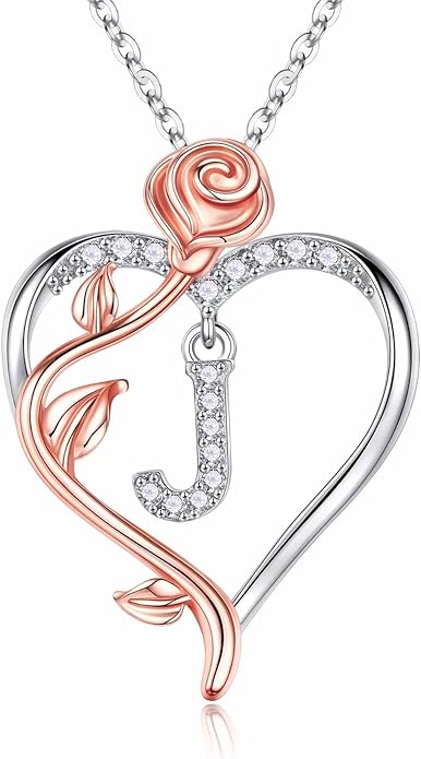 Iefil Rose Heart Necklaces Gifts for Women - 925 Sterling Silver Rose Heart Initial Necklace, Anniversary Birthday Gifts for Women, Jewelry Gift for Her Wife Girlfriend Mom Daughter