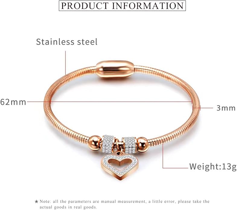 KunBead Heart Charm Birthday Bracelet Stainless Steel Love Bangle Cuff Jewelry Bracelets for Women