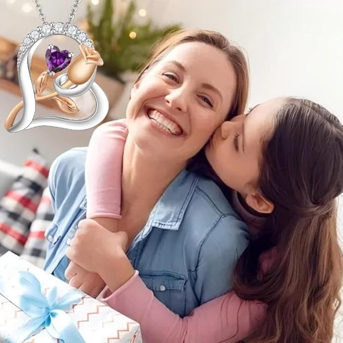 Rose Flower Heart Birthstone Necklaces for Women, 925 Sterling Silver Anniversary Jewelry, Pendant Heart Necklaces Birthday Anniversary Christmas Gift for Women Wife Mom Girlfriend Lady