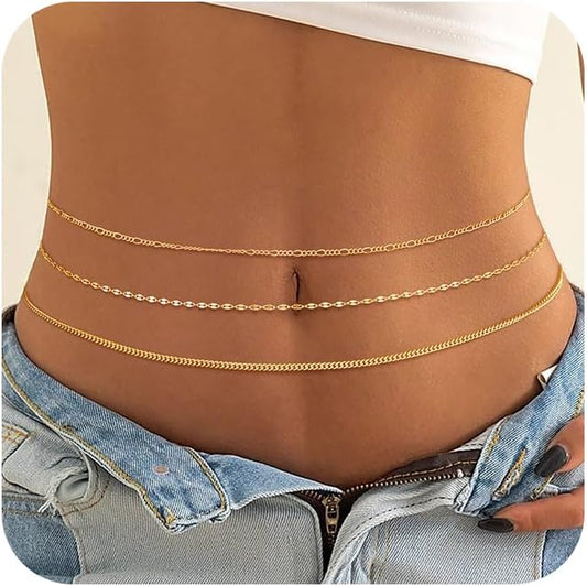 CHESKY Gold Waist Chain for Women, 14K Gold Plated Silver Layered Belly Belt Chains Sexy Bikini Beach Waist Beads Chain Waterproof Snake Pearl Cuban Body Chain Summer Jewelry Accessories for Women