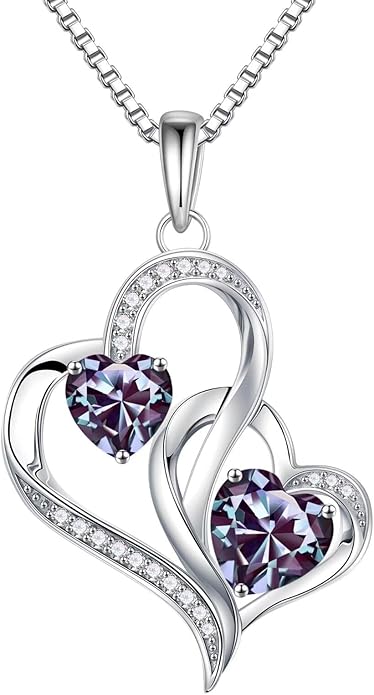 Iefil Birthstone Necklace for Women - 925 Sterling Silver Double Birthstone Heart Necklace | Anniversary Birthday Gifts for Women | Personalized Gifts | Jewelry Gifts for Wife Mom Girlfriend