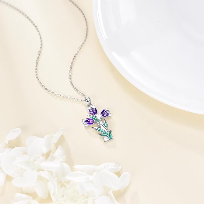 Flower Cross Necklace 925 Sterling Silver Carnation/Rose/Lily/Daisy Cross Necklace Birth Flower Jewelry for Women