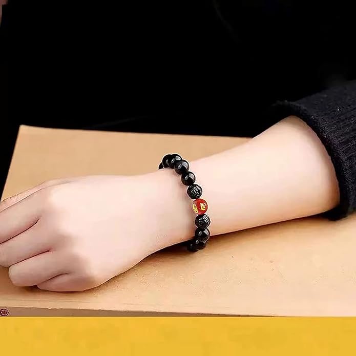 Black Obsidian Bracelet,Feng Shui Black Obsidian Wealth Bracelet for Women Men Couples Handmade Stretch Obsidian Bracelet Bangle with Carved Pixiu Tiger Eye Stone Attract Wealth Money and Good Luck