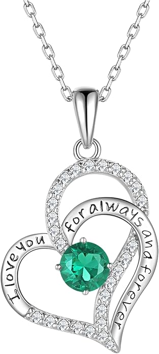 Heart Birthstone Silver Necklace for Women, S925 Sterling Silver Pendant Necklace Birthday Jewelry Gifts for Her Mother Mom Wife Girlfriend