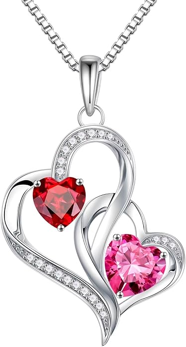 Iefil Birthstone Necklace for Women - 925 Sterling Silver Double Birthstone Heart Necklace | Anniversary Birthday Gifts for Women | Personalized Gifts | Jewelry Gifts for Wife Mom Girlfriend