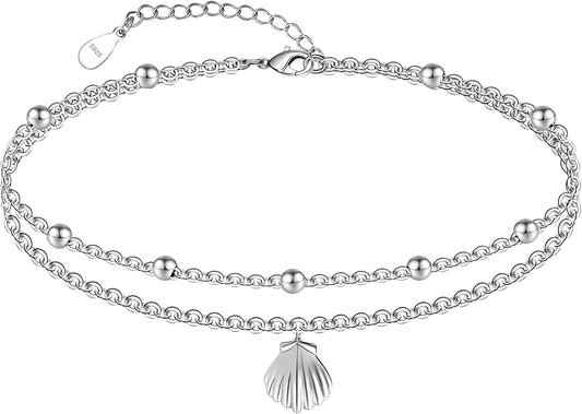 CHIC & ARTSY Womens Sterling Silver Created Opal Layered Anklet Bracelet Dainty Beaded Chain Adjustable 11" Best Friend Anklet