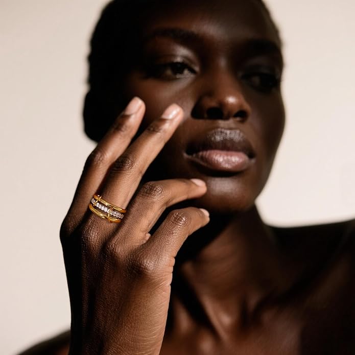 14K Gold Plated Interlocked Stackable Rings for Women Non Tarnish,Gold and Silver Cubic Zirconia Statement Rings Set,Mixed Metals Ring Two-Toned Connected Bands Stacking Jewelry