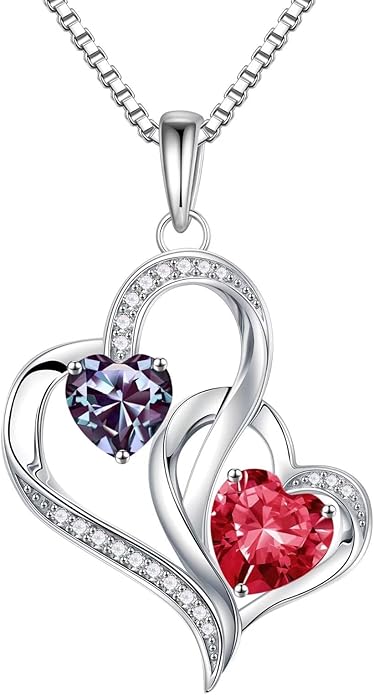 Iefil Birthstone Necklace for Women - 925 Sterling Silver Double Birthstone Heart Necklace | Anniversary Birthday Gifts for Women | Personalized Gifts | Jewelry Gifts for Wife Mom Girlfriend
