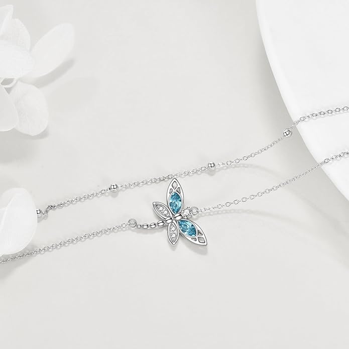 TIGER RIDER Dragonfly Anklet Sterling Silver Dragonfly Gifts Jewelry for Women with Crystal Birthday Anniversary
