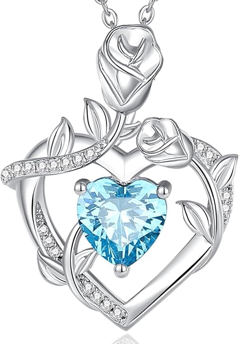 AGVANA Rose Birthstone Necklace for Women Sterling Silver Rose Flower Heart Necklace Fine Jewelry Anniversary Birthday Gifts for Women Wife Mom Her, Length: 18"+2"