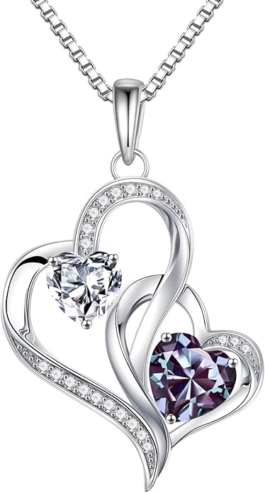 Iefil Birthstone Necklace for Women - 925 Sterling Silver Double Birthstone Heart Necklace | Anniversary Birthday Gifts for Women | Personalized Gifts | Jewelry Gifts for Wife Mom Girlfriend