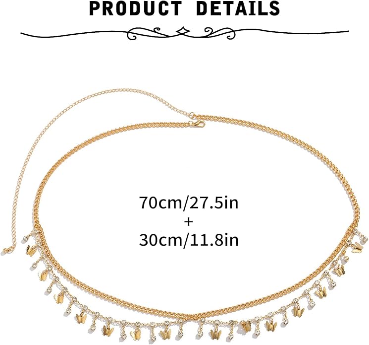 MODRSA Gold Chain Belt - Fashion Waist Chain Belt with Moon, Butterfly Rhinestone & Layered Design