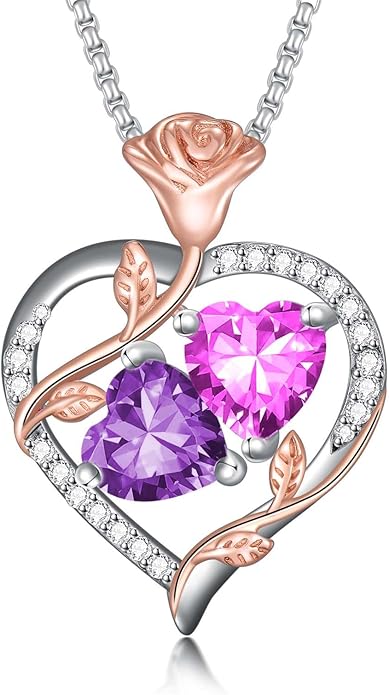 Jewelry for Her Double Heart Rose Birthstone Pendant Necklace Anniversary Jewelry Christmas Birthday Gifts for Women Wife Girlfriend