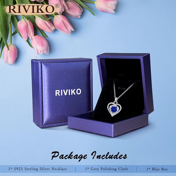 RIVIKO Heart Birthstone Pendant Necklace for Women 925 Sterling Silver Zirconia Necklaces Wedding Anniversary Birthday Mothers Day Jewelry Gifts For Her Mother Wife