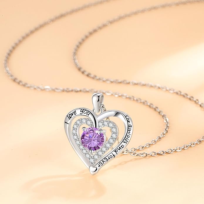 Heart Necklace, I Love You Always & Forever, Birthstone Cubic Zirconia Pendant, Gift for Women
