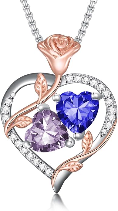 Jewelry for Her Double Heart Rose Birthstone Pendant Necklace Anniversary Jewelry Christmas Birthday Gifts for Women Wife Girlfriend