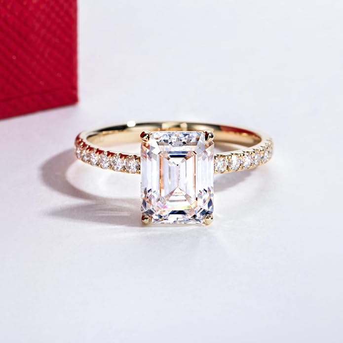 14K Solid Gold Side Stones Ring, Round/Princess Cut Centerpiece Moissanite Lab Grown Created Diamond, D Color and Flawless Real Gold Wedding Anniversary Ring