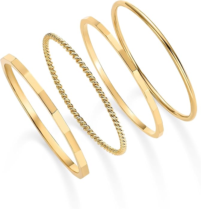 PAVOI 14K Gold Plated Four Pieces Thin Rings Set for Women | 4 Dainty Stacking Rings Pack | Minimalist Stackable Bands
