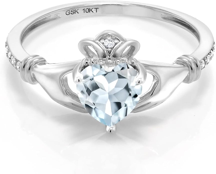 Gem Stone King 10K White Gold 6MM Heart Shape Gemstone Birthstone and White Diamond Irish Celtic Claddagh Engagement Ring | Gold Ring For Women | Available In Size 5, 6, 7, 8, 9