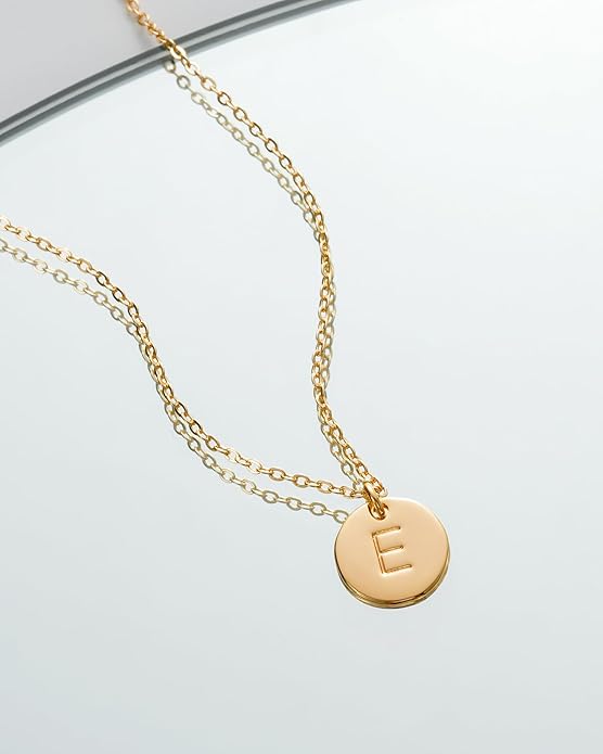 Bemoly Initial Necklace for Women Round 11MM Coin Disc Double Side Engraved Letter A-Z Hammered Pendant 14K Gold Plated Personalized Alphabet Birthday Jewelry 17.5"