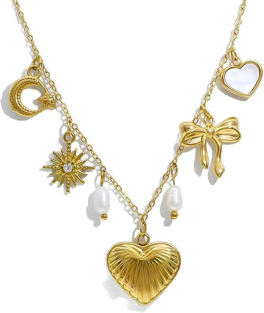 Chunky Retro Heart Necklace for Women Antique Layer Beach Ocean Moon Stars Western Boho Charm Necklaces Retro Link Chain Jewelry