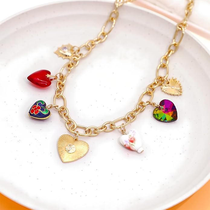 Chunky Retro Heart Necklace for Women Antique Layer Beach Ocean Moon Stars Western Boho Charm Necklaces Retro Link Chain Jewelry