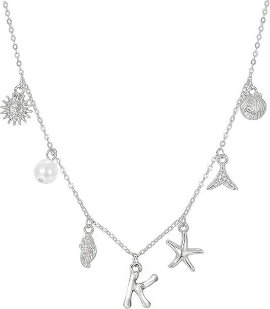 Initial Charm Necklace For Women Shell Letter Necklaces Gold Charms Pendant Boho Summer Seashell Beach 14k Starfish Surfer Jewelry Gifts