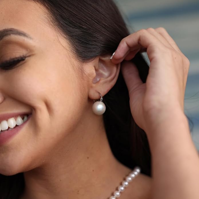 925 Sterling Silver Hoop Handpicked AAA+ Quality 7.5-8mm White Freshwater Cultured Pearl Dangle Drop Earrings Jewelry for Women