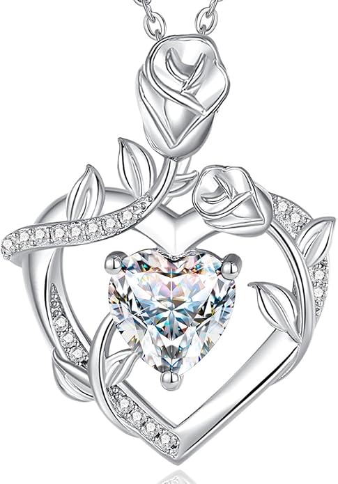 AGVANA Rose Birthstone Necklace for Women Sterling Silver Rose Flower Heart Necklace Fine Jewelry Anniversary Birthday Gifts for Women Wife Mom Her, Length: 18"+2"