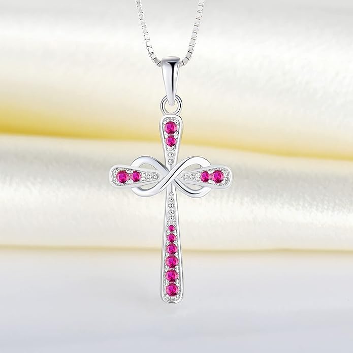 YL 925 Sterling Silver Cross Necklace for Women Halo Infinity Pendant Birthstone Jewelry for Mom