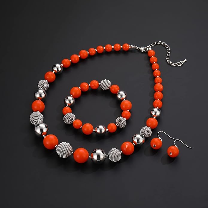 PEARL&CLUB Beaded Chunky Statement Necklace Earring and Bracelet Set Silver Metal Bead Fashion Jewelry Set Mothers’ Day Gifts for Women