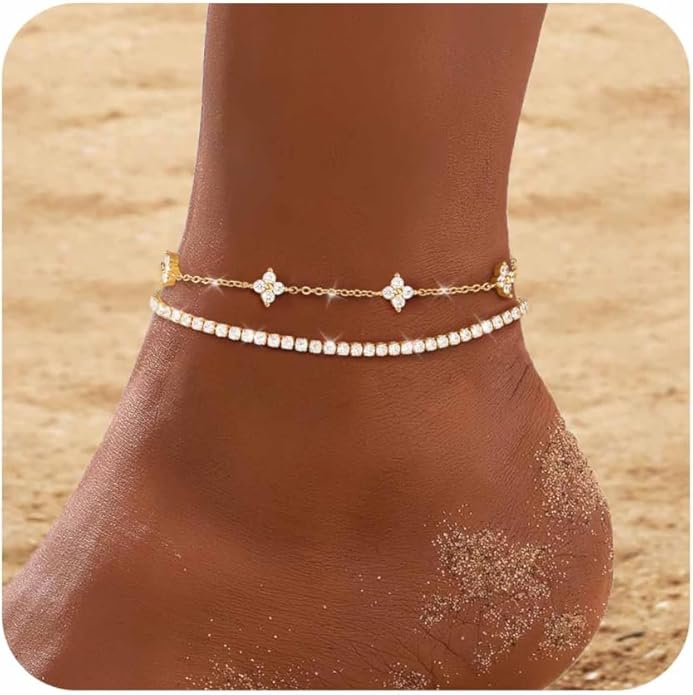 RLMOON Gold Anklets for Women CZ Ankle Bracelet 14K Gold Plated Waterproof Dainty Layered Tennis Heart Dot Chain Silver Clover Anklet Trendy Foot Jewelry