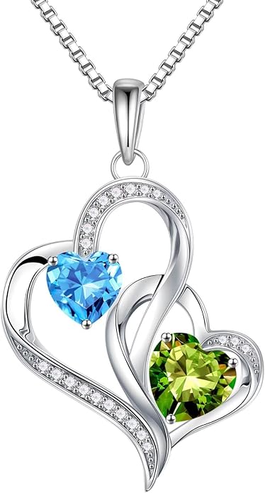 Iefil Birthstone Necklace for Women - 925 Sterling Silver Double Birthstone Heart Necklace | Anniversary Birthday Gifts for Women | Personalized Gifts | Jewelry Gifts for Wife Mom Girlfriend