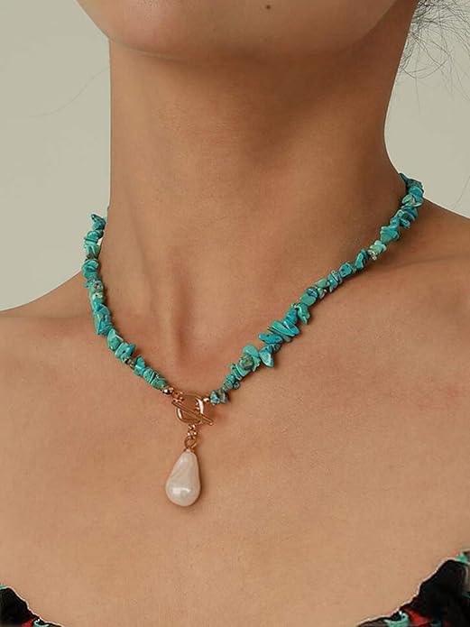 18k Gold Chain Link Necklace for Women, Baroque Pearl/Compass Pendant Necklace