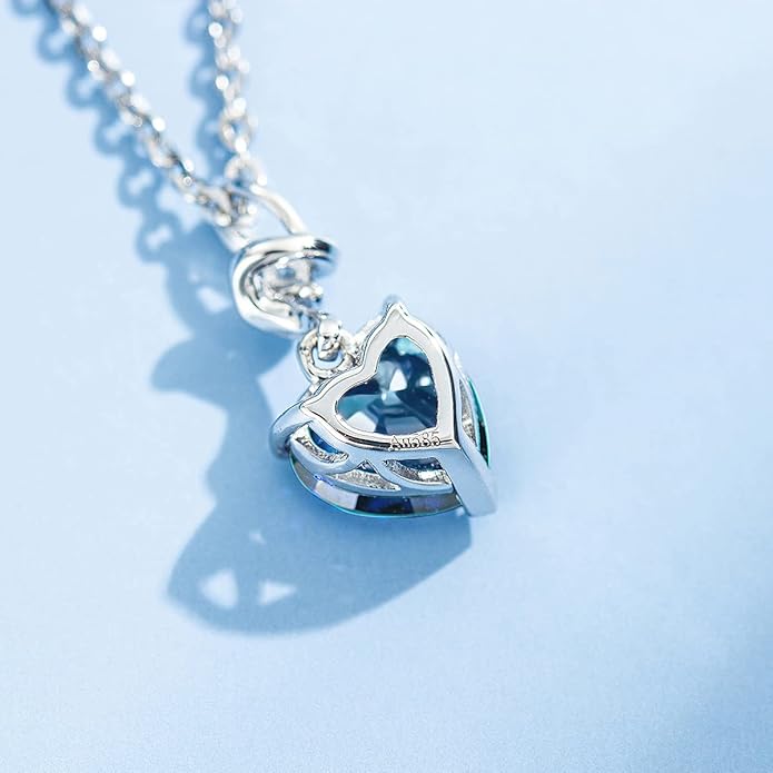 AGVANA 14K Solid White Gold Diamond Gemstone Pendant with Sterling Silver Chain 8mm Heart Birthstone Necklace Fine Jewelry Anniversary Birthday Gifts for Women Mom Wife