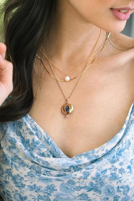 18k Gold Chain Link Necklace for Women, Baroque Pearl/Compass Pendant Necklace