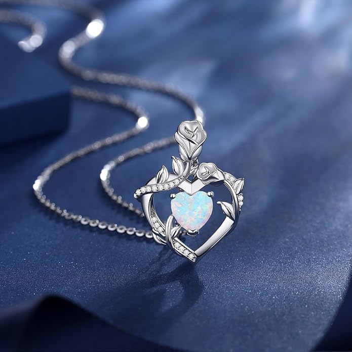 AGVANA Rose Birthstone Necklace for Women Sterling Silver Rose Flower Heart Necklace Fine Jewelry Anniversary Birthday Gifts for Women Wife Mom Her, Length: 18"+2"