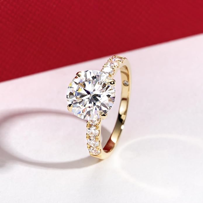 14K Solid Gold Side Stones Ring, Round/Princess Cut Centerpiece Moissanite Lab Grown Created Diamond, D Color and Flawless Real Gold Wedding Anniversary Ring