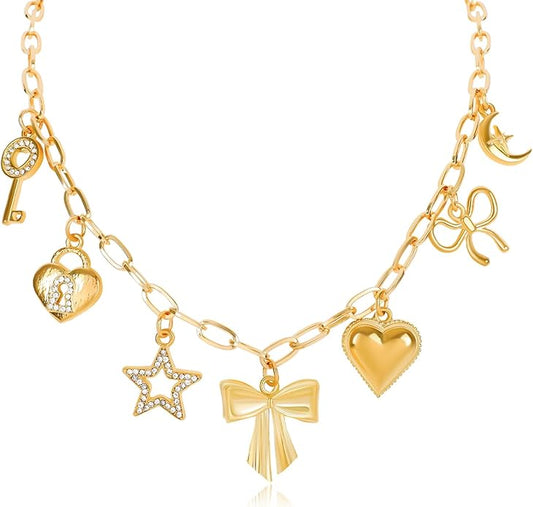 Gold Plated Paperclip Chain Beach Charm Necklace for Women Cute Shell Bow Dainty Beachy Starfish Pearl Seashell Strawberry Fruit Heart Mermaid Summer Jewelry Gift