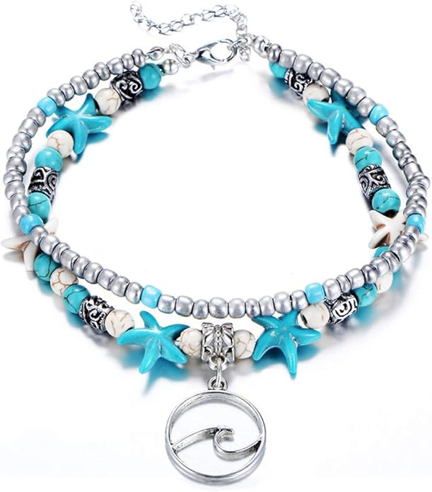 Starain Blue Turtle Anklets for Women Multilayer Beads Handmade Beach Ankle Bracelet Set Boho Foot Jewelry
