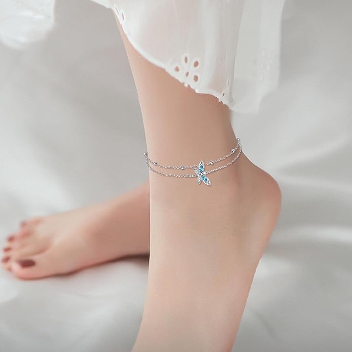 TIGER RIDER Dragonfly Anklet Sterling Silver Dragonfly Gifts Jewelry for Women with Crystal Birthday Anniversary