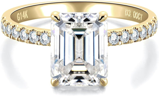 14K Solid Gold Side Stones Ring, Round/Princess Cut Centerpiece Moissanite Lab Grown Created Diamond, D Color and Flawless Real Gold Wedding Anniversary Ring