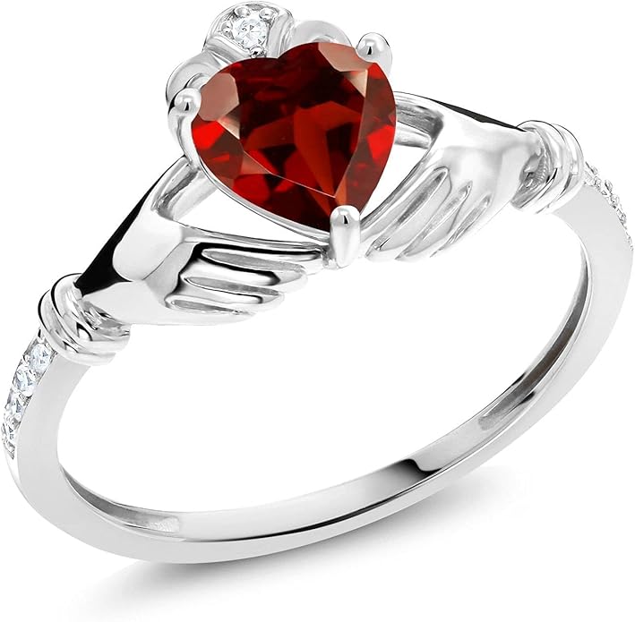 Gem Stone King 10K White Gold 6MM Heart Shape Gemstone Birthstone and White Diamond Irish Celtic Claddagh Engagement Ring | Gold Ring For Women | Available In Size 5, 6, 7, 8, 9