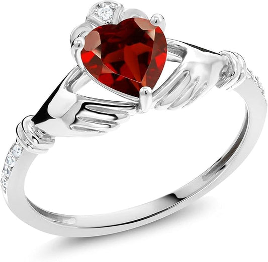 Gem Stone King 10K White Gold 6MM Heart Shape Gemstone Birthstone and White Diamond Irish Celtic Claddagh Engagement Ring | Gold Ring For Women | Available In Size 5, 6, 7, 8, 9