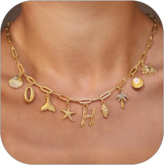 Initial Charm Necklace For Women Shell Letter Necklaces Gold Charms Pendant Boho Summer Seashell Beach 14k Starfish Surfer Jewelry Gifts