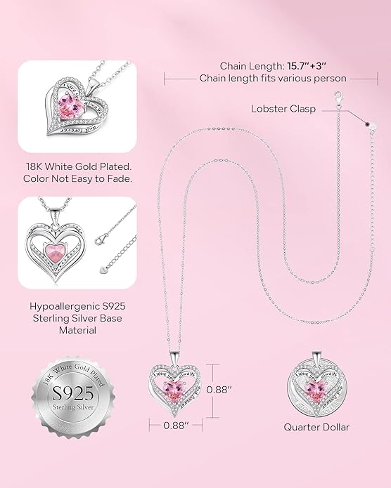 S925 Sterling Silver Necklace for Women, Wife Jewelry Rose Gold, Mom Birthday Valentines Mothers Day Gifts, Girlfriend Necklaces, Daughter Heart Jewel, Anniversary for Her